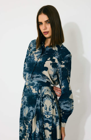 Blue, indigo and beige toile print shirt and skirt