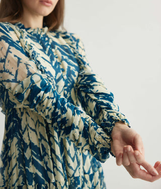 Beige & blue chevron print short dress