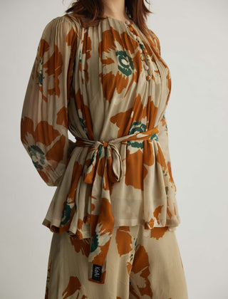 Beige and rust floral pleated top and pants