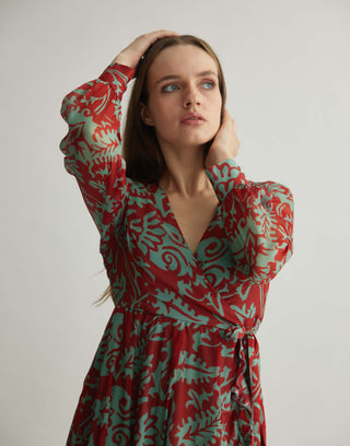 Mint And Red Floral Wrap Dress by Koai available on Indiaspopup