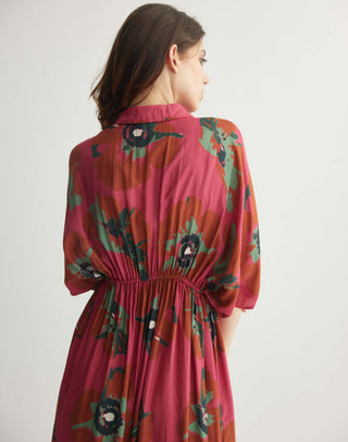 Red pink and mint floral long shirt dress