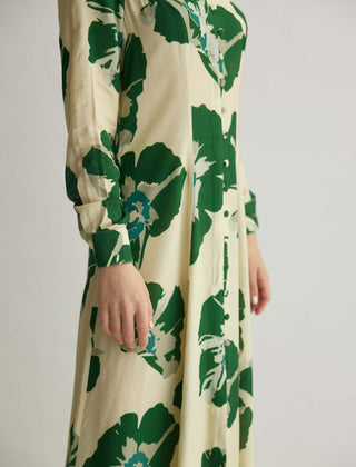 Beige and green floral long shirt dress