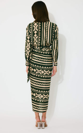 Dark green and cream pattern shirt and skirt