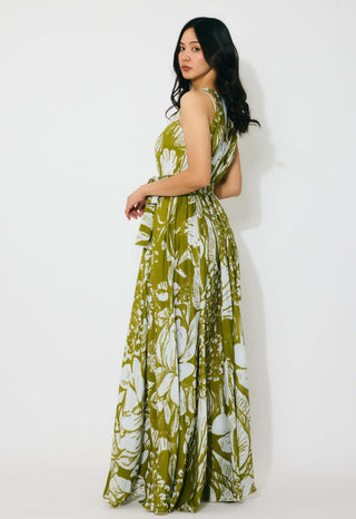 Leaf green and white floral sleeveless long dress