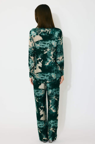 Dark green, mint and beige toil print shirt and pants