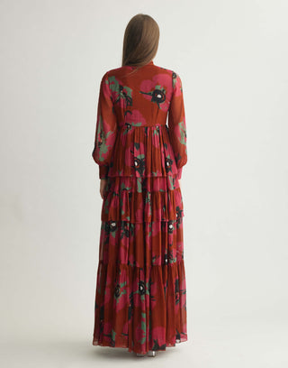 Red pink and mint floral long dress