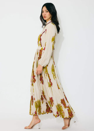 Beige, mustard and hot pink floral shirt dress