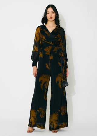 Black and gold floral wrap jumpsuit