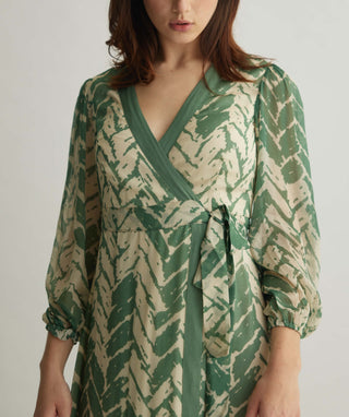 Beige and mint chevron print wrap dress