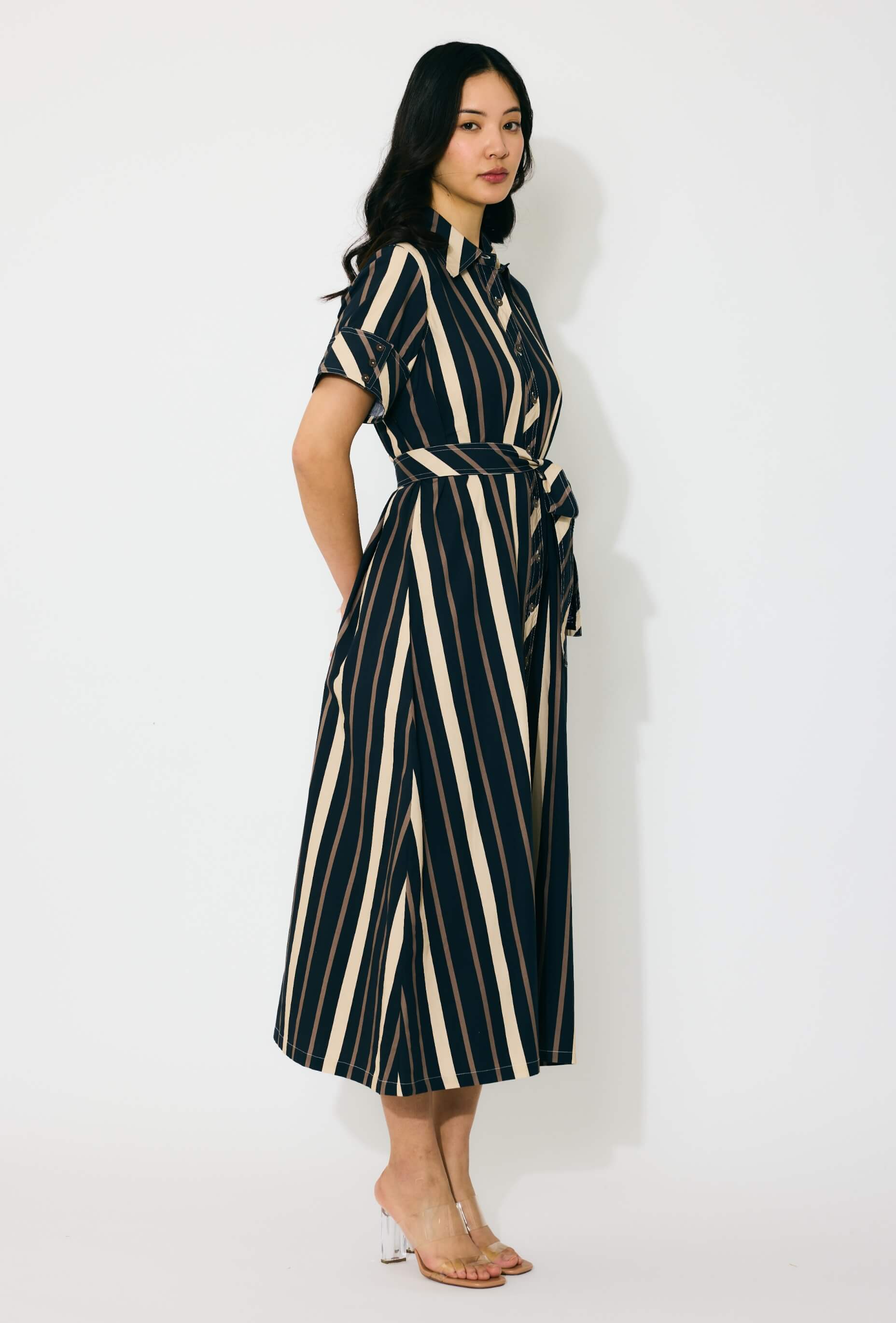 Dark blue and beige stripe shirt dress
