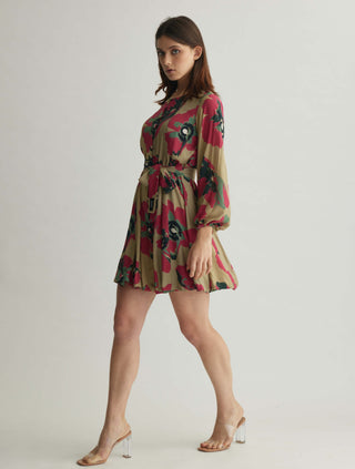 Beige, pink and green floral shirt dress