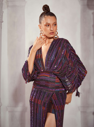 Nikita Mhaisalkar-Multicolor Tile Print Heavy Embellished Slit Dress-INDIASPOPUP.COM
