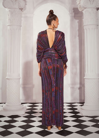 Nikita Mhaisalkar-Multicolor Tile Print Heavy Embellished Slit Dress-INDIASPOPUP.COM