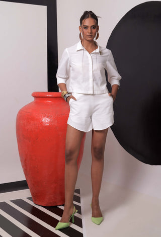 Celestial Ivory Crop Shirt And Shorts by Nautanky, available on Indiaspopup.com