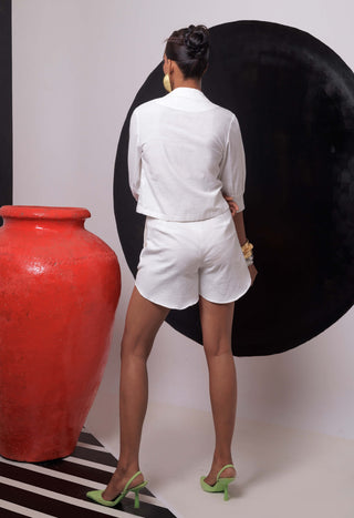 Celestial Ivory Crop Shirt And Shorts by Nautanky, available on Indiaspopup.com