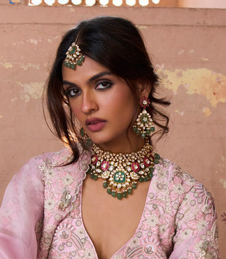 Niharika red and green polki necklace set