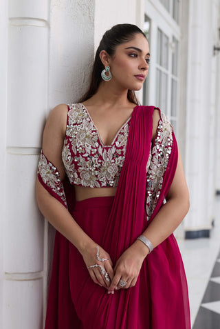 Anmol berry pink embellished sari and jacket set