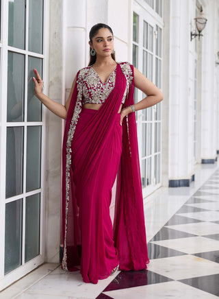 Anmol berry pink embellished sari and jacket set