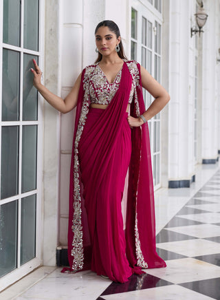 Anmol berry pink embellished sari and jacket set
