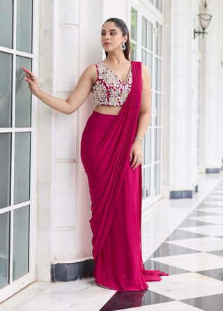 Anmol berry pink embellished sari and jacket set