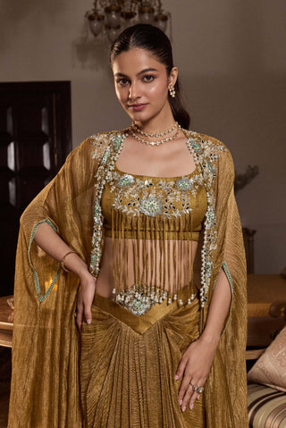 Navya tissue dark gold cape and skirt set