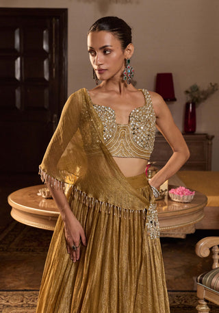 Indira tissue dark gold embellished lehenga set