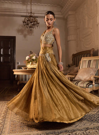 Indira tissue dark gold embellished lehenga set