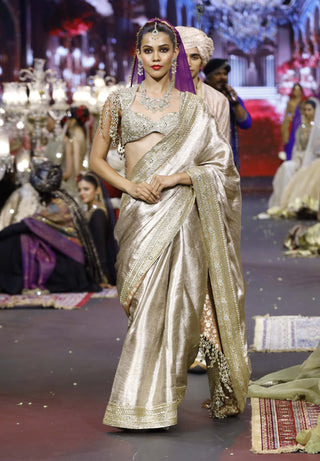 Gulnoor rosegold ice blue sari set