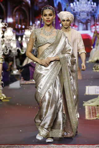 Gulnoor rosegold ice blue sari set