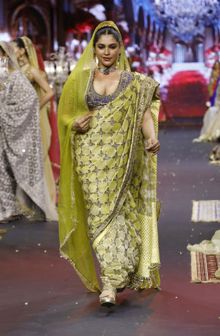 Neelkanthi yellow-blue noor sari set