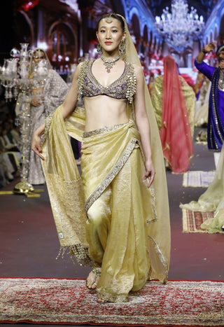 Pehrang yellow-purple sari set
