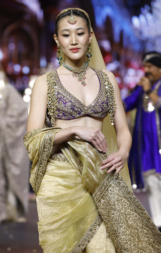 Pehrang yellow-purple sari set
