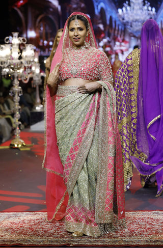 Gulnaar pink-green ombré sari set