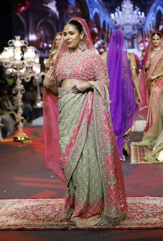 Gulnaar pink-green ombré sari set