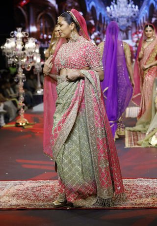Gulnaar pink-green ombré sari set