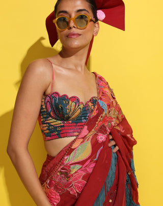 Chakachak Crimson Sari And Blouse by Rishi & Vibhuti available on Indiaspopup.com