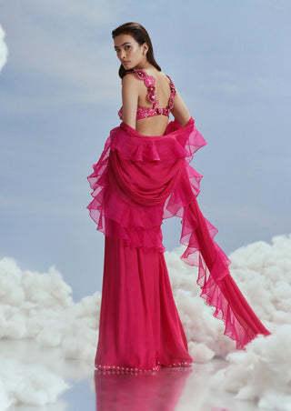 Nachiket Barve-Fuchsia Pink Lunar Blossom Sari Set-INDIASPOPUP.COM