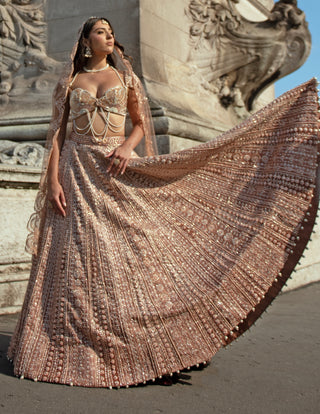 Caremal Brown Lehenga Set by Jigar And Nikita, available on Indiaspopup.com