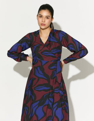Blue maroon and black floral wrap dress