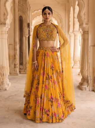 Genda bag yellow chintz lehenga set