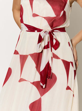 White and red abstract sleeveless long dress