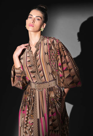 Geometric fuchsia placement print maxi dress and belt