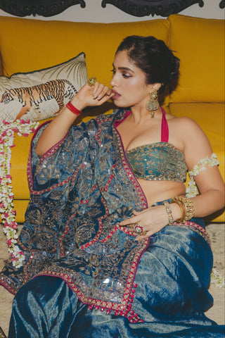 Teal chandi tilla tissue sari set