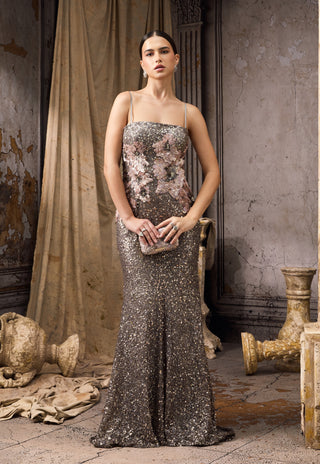 Silver sequin pink floral embellished gown