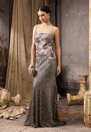 Silver sequin pink floral embellished gown