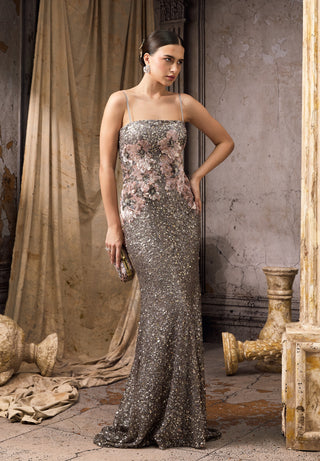 Silver sequin pink floral embellished gown