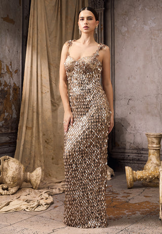 Nude gold tassel embellished gown