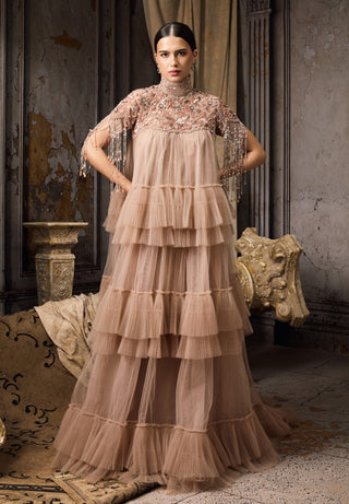 Nude floral embroidered fringe tulle gown