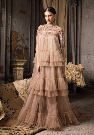 Nude floral embroidered fringe tulle gown