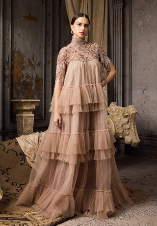 Nude floral embroidered fringe tulle gown